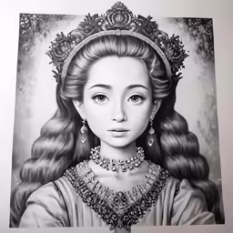 a girl with long hair, earrings and tiara