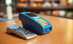 a mobile phone is sitting next to an electronic calculator,a toy cellphone and phone on a table