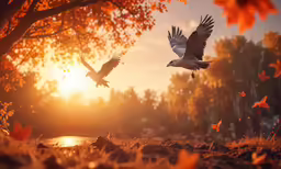 a couple of birds flying over a field
