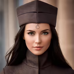 a woman wearing a brown jacket and a headpiece with a circle medallion on it