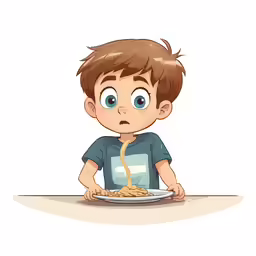a kid sitting down eating food that has spaghetti on it