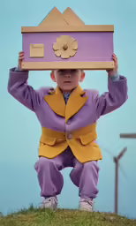 a child wearing a hat and purple coat holds up a purple box with buttons
