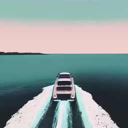 a car drives across a small boat on the water