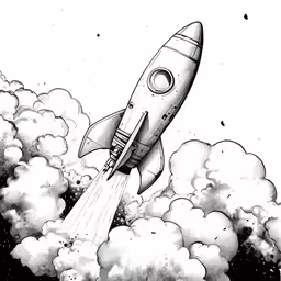 a black and white drawing of a rocket taking off