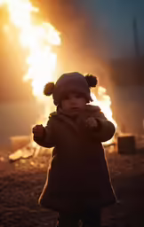 a little kid with a hot fire behind her