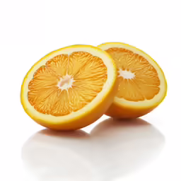 a close up of two orange slices on a white background