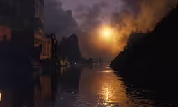 fog hovers near a river and houses on a cliff