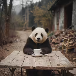 a panda bear drinking from a white coffee mug sitting at an outdoor table