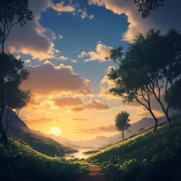 a painting of the sun setting over mountains
