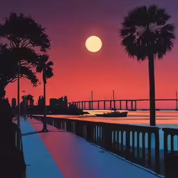a painting of a beach with palm trees