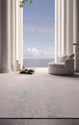 a very elegant and large white room with a view