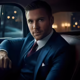 a man in a blue suit, sitting down in front of a car
