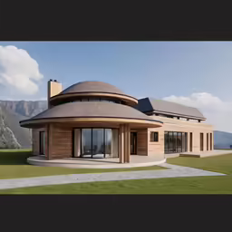 modern and spacious building with mountains in the background