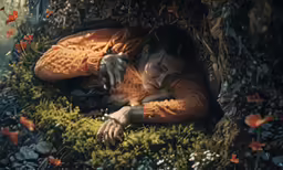 a woman taking a nap with a dog inside a tree