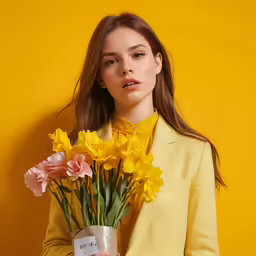 a woman in yellow sweater holding a flower bouquet