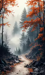 an empty path going through a forest covered with autumn trees
