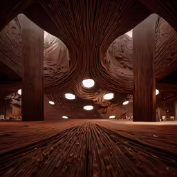 a room is filled with columns and wooden beams