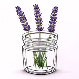purple flowers in a jar sitting next to each other,a drawing of three lavender flowers in a jar,three flowers in a glass jar sitting on a table,a drawing of a jar filled with lavender flowers,three lavender flowers in a glass jar with water