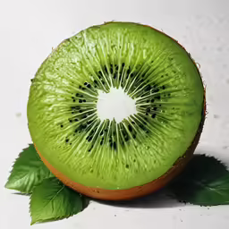 a sliced green kiwi with a leaf on a table