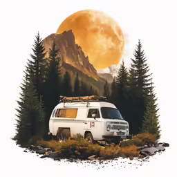 an image of a white van driving through trees