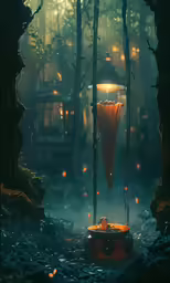 a fantasy lamp surrounded by trees in a forest