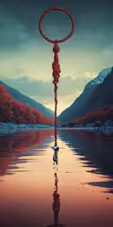 a person stands under a circle hanging on a pole,a man holds the strings on a pole