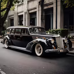the vintage car is driving down the city street