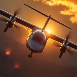 a small plane flying in the air while the sun sets