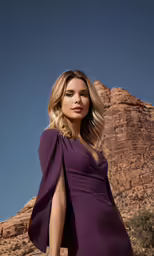 the woman is standing in front of red rocks