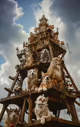 a tower made of wooden pieces has seven dogs on each level