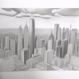 a drawing of new york city with a plane flying,a city drawing is shown in grey and black