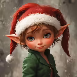 a elf with red hair and big blue eyes is looking at the camera