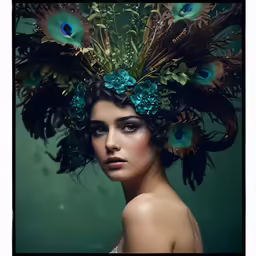 a woman in green and blue headdress and peacock feathers