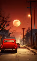 a red car parked on a road with streetlights in the background