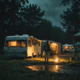 a man is standing outside of a camper at night with a campfire