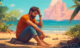 a man sits on the beach with his hand on his head,man in orange shirt and gray shorts sitting on beach with blue water and mountains