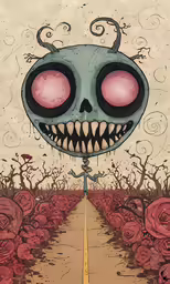 a cartoon skeleton is standing on the side of a road