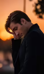 a man sitting down with his hands near his face