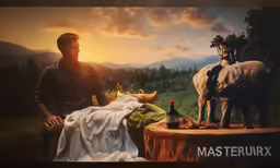 a man is in a large picture with a cow