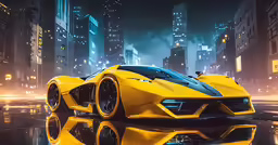 a futuristic yellow sports car driving through a city at night