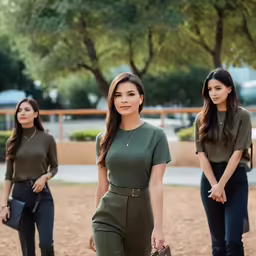 three woman walking down a street