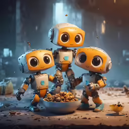 a group of robot in a kitchen feeding a bowl of food