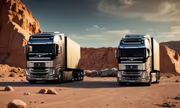 two semi - truck trailers on a desert road,two semi trucks parked next to each other in the desert