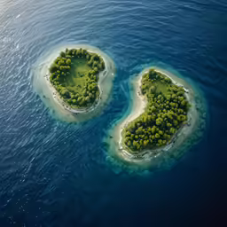 two small islands in the water with a forest growing on it