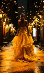 the woman in the dress is walking down the street