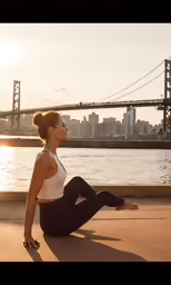 a woman sitting on the ground in front of a body of water