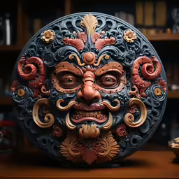 a decorative mask is sitting on top of a table