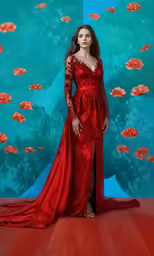 woman in long red dress stands in front of a flowery backdrop