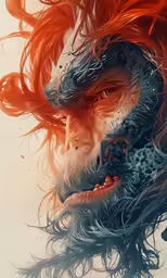 the face of a man with his hair flying around