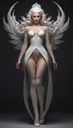 the white dress has wings over her shoulders